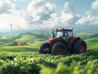 Fototapeta premium a minimalist vector scene of a green, rolling landscape with a small farm, wind turbines, and a tractor working in the fields. sustainable farming, world food day, agriculture