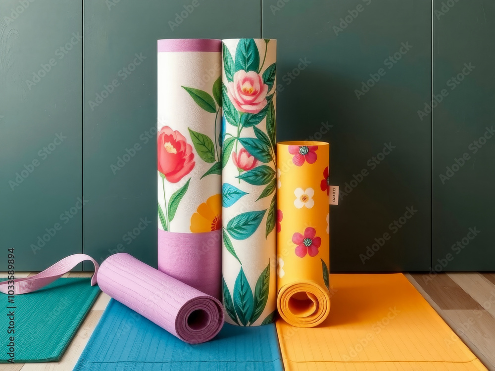 Wall mural Three yoga mats with floral designs are displayed on a table. The mats are of different colors and sizes, creating a vibrant and lively atmosphere