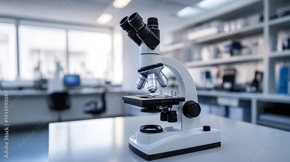 Poster a white microscope on a lab table in a sterile laboratory setting