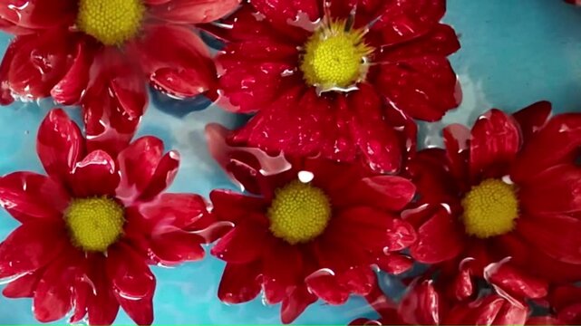 Chrysanthemum blossoms float in the water. Dark red flowers of chrysantens sway in the water. Chrysanthemums on blue background. Drops of water fall on the blooms. Concept of spa, wellbeing, beauty
