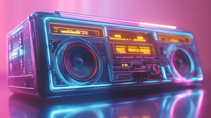 Close-up boombox with electric neon details on a smooth pastel background, energetic and retro-themed music device concept