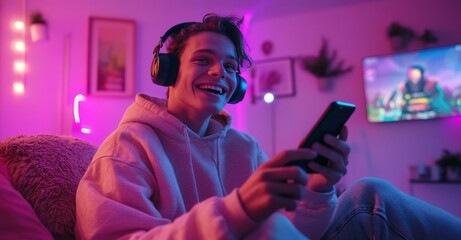 Happy young man with a phone wearing headphones