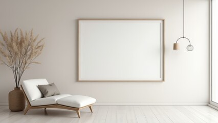 A simple, modern living room with a large, empty picture frame on the wall. The room is decorated in neutral tones with a white sofa and a round coffee table
