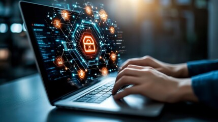A person typing on a laptop with a digital security lock graphic overlay.