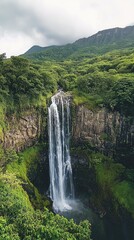 Majestic Waterfall Cascading from Lush Green Mountains