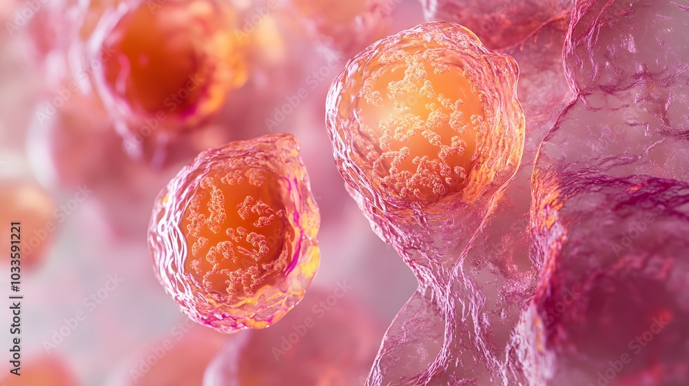 Poster close-up of two transparent cells with orange and red inner structures