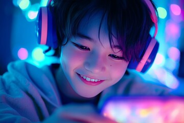 Japanese boy smiling while gaming on smartphone with headphones