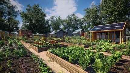 A Sustainable Garden with Solar-Powered Structures and Raised Beds