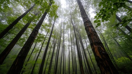 Naklejka premium Mystical forest with towering trees shrouded in mist for nature and outdoor concepts