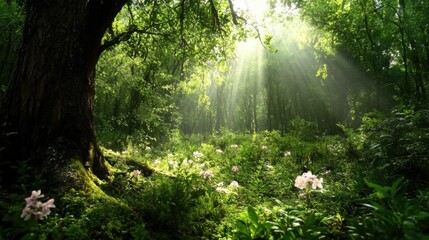 Fototapeta premium Mystic forest in springtime sunlight for nature wallpaper and design