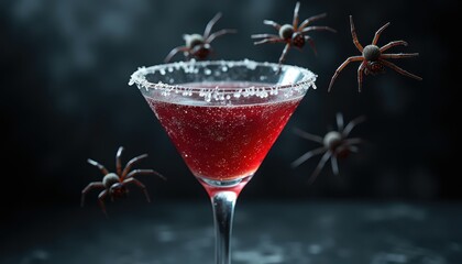 Creepy Spider Web Cocktail with Floating Spiders and a Dark Ominous Drink for a Fearful Party