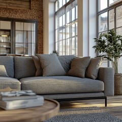Obraz premium Close-up of a minimalist sofa with soft textures, standing in an industrial loft with large windows, perfect natural lighting, detailed 3D rendering for promotions