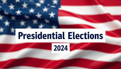 A graphic design featuring the words "Presidential Elections 2024" superimposed on a blurry image of a waving American flag.