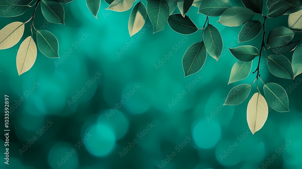 Poster the image shows leaves from a branch, cascading down against a teal bokeh background.