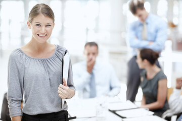 Portrait, smile and woman with documents, boardroom and professional in agency, confident and...