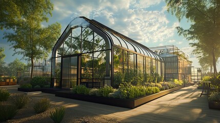 Modern Glass Greenhouse with Wooden Patio and Lush Greenery
