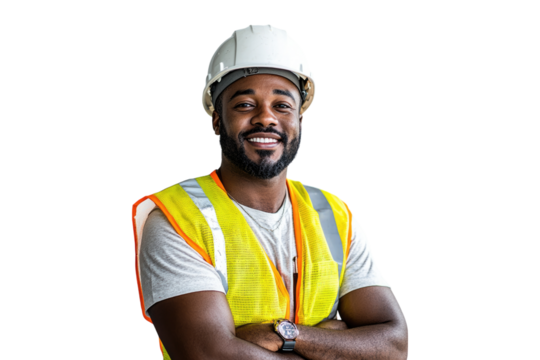 Smiling black male construction worker in hard hat and safety vest on a transparent background
