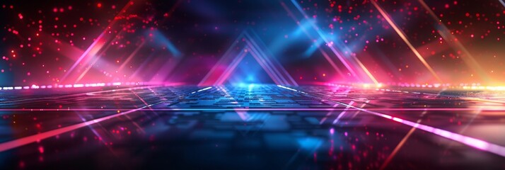 Obraz premium Futuristic digital landscape with neon lights and triangular shapes.