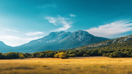 Serene green field beneath bright blue mountain sky photos