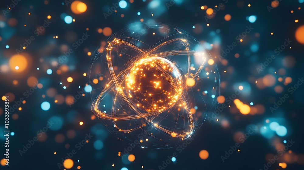 Poster glowing atomic structure with blue and orange bokeh background