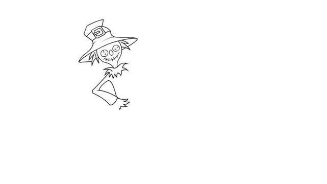 A charming Halloween scene where a friendly scarecrow offers treats to a little girl from a pumpkin. Perfect for Halloween projects, decorations, and festive animations