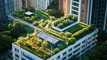 Aerial View of a Building with a Green Roof and Solar Panels