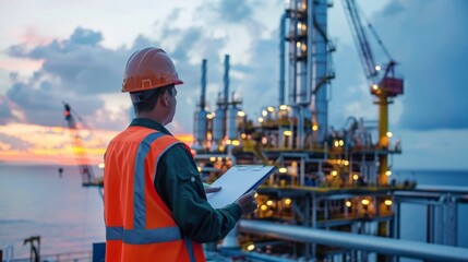 Engineer in reflective vest and hard hat at offshore oil platform during sunset. Industrial safety and energy production concept