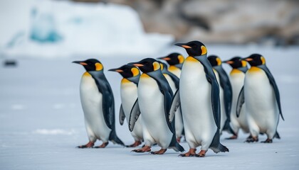 Fototapeta premium Group of Penguins Marching Across Frozen Landscape