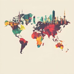 World Map with City Skyline Silhouettes and Colorful Abstract Background