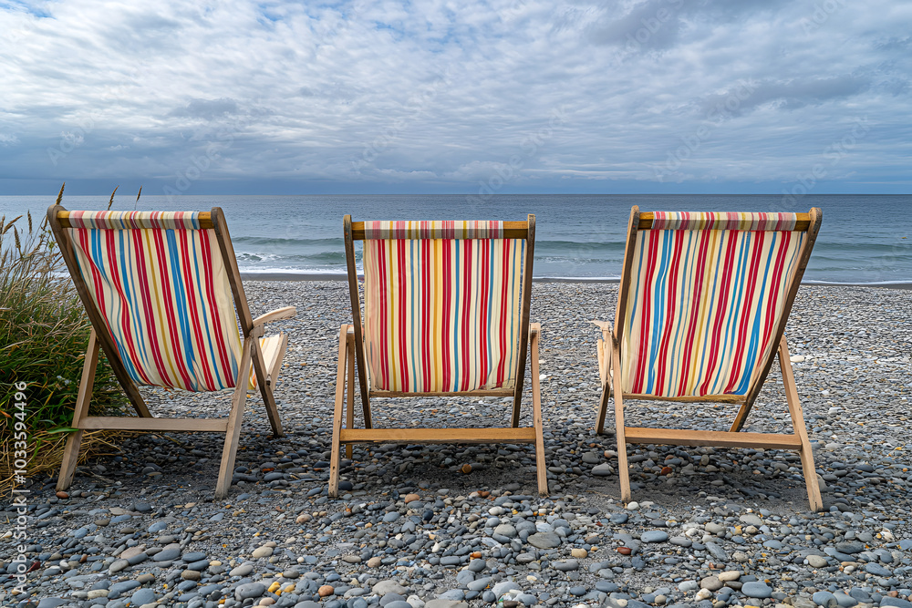 Wall mural Three beach chairs are lined up on a beach, with the ocean in the background. The chairs are striped and wooden, and they are empty. Scene is calm and relaxing