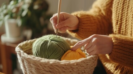 A person crochets with green yarn and a yellow ball in a cozy indoor setting during a sunny afternoon