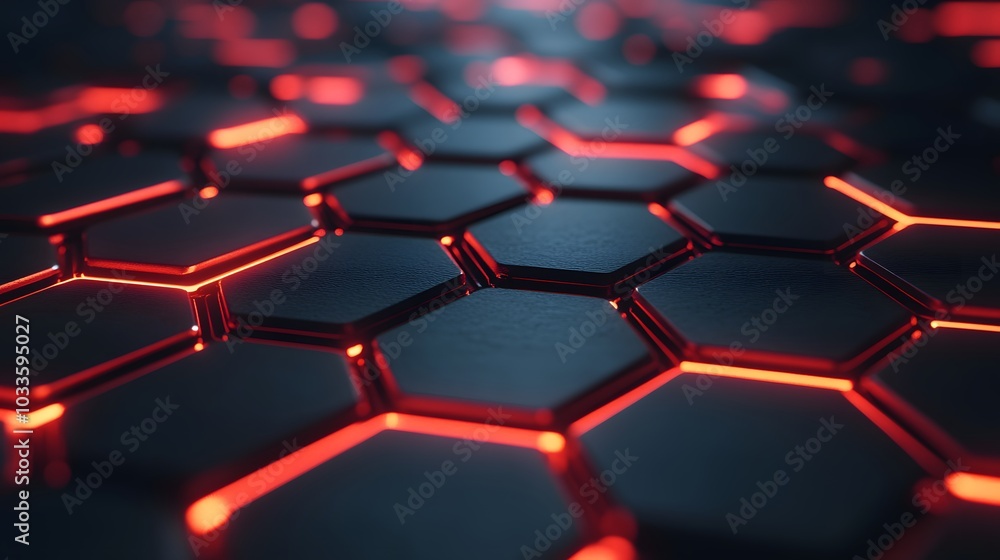 Poster red neon glowing lines on a black hexagonal pattern