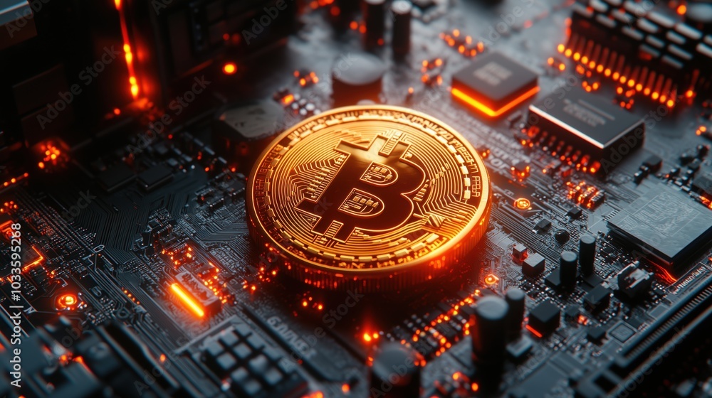Poster bitcoin on circuit board. financial technology concept. striking image of a bitcoin coin resting on 