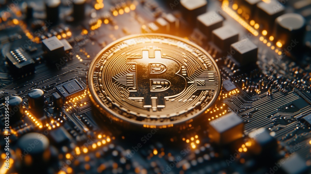 Poster golden bitcoin on circuit board with glowing lights. stunning close-up of golden bitcoin on circuit 