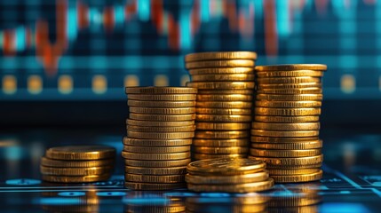 Golden Coins on Financial Graph Background. Close-up of golden coins stacked on a dark surface, with a financial graph in the background, representing investment growth and economic success.