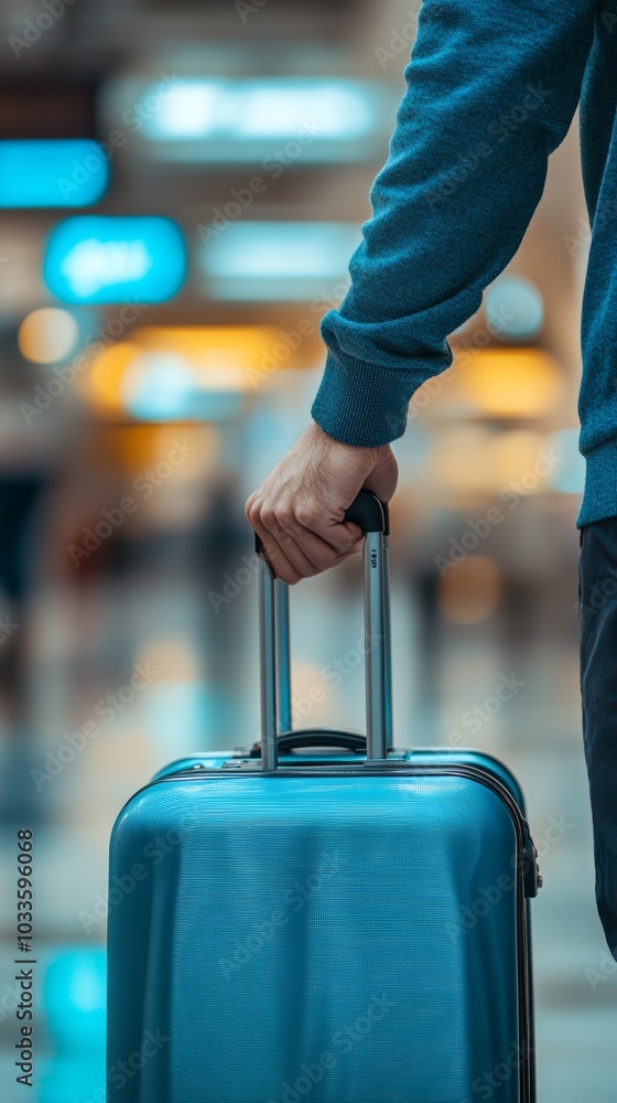 Poster confident traveler with rolling suitcase in airport terminal, ready for journey. blurred background 