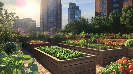 Fototapeta premium Rooftop Garden with Wooden Raised Beds and Cityscape View