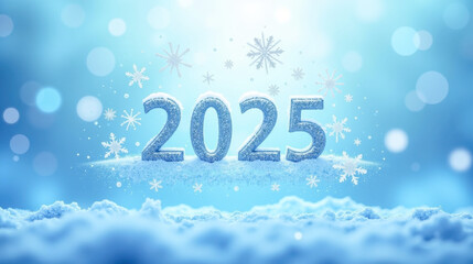 Christmas greeting card with ice numbers '2025' surrounded by New Year's decorations against a blue background.