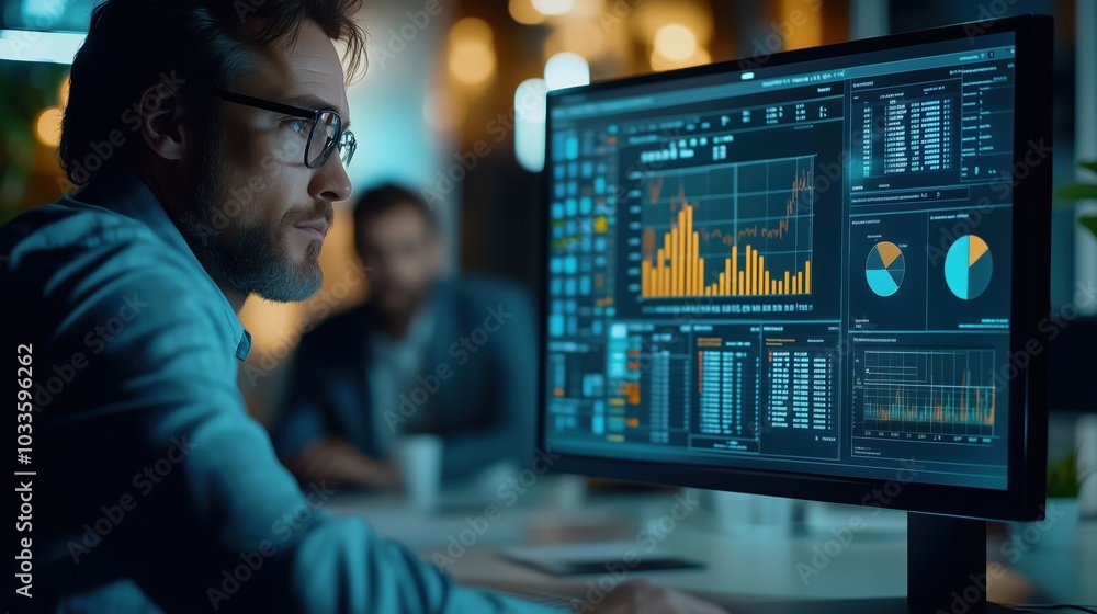Poster business professional focuses on financial data displayed on a modern computer screen, emphasizing a
