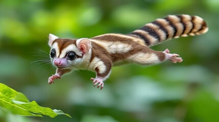 A sugar glider leaps through a lush green environment, showcasing its agility and grace.