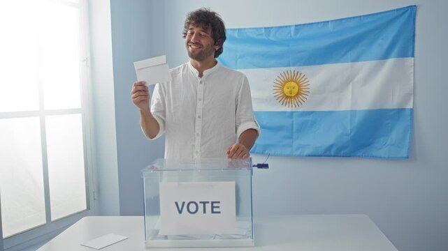 Young hispanic man holding vote, smiling with teeth, happy and confident at argentinian electoral college