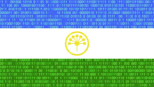 Binary code on flag of Bashkortostan. Program source code or Hacker concept on Bashkir flag. Bashkortostan digital technology security, hacking or programming