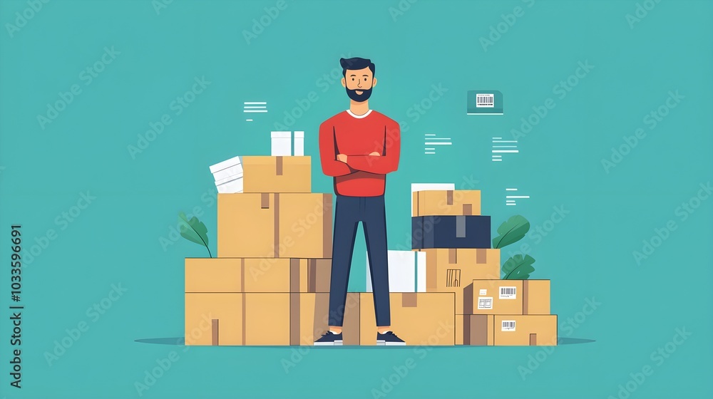 Poster man standing in front of stacked cardboard boxes with barcodes