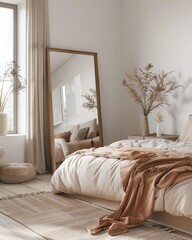 Elegant bedroom, next to the bed there is a large antique mirror, classic design and white