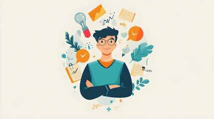 Confident Man with Idea  Checklist  and Goals Surrounded by Icons