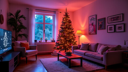 A cozy living room with a beautifully decorated christmas tree and vibrant neon lights evoking a festive and modern holiday ambiance