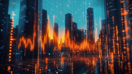 Urban Financial Marketing Landscape at Dusk. Showcasing rising financial data trends against a stunning sunset backdrop. This image blends urban architecture with dynamic marketing insights.