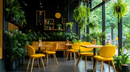 A vibrant café interior filled with greenery and modern furniture for a cozy atmosphere.