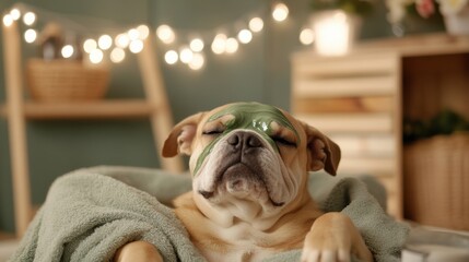 Relaxed bulldog with a spa mask under cozy lighting - perfect for relaxation themes