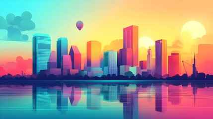Obraz premium Colorful Cityscape at Sunset with Reflection in Water
